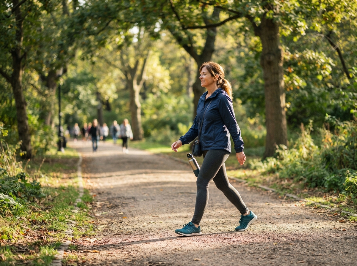 Personne marchant dans un parc ensoleillé après le déjeuner, illustrant l'activité physique modérée quotidienne.