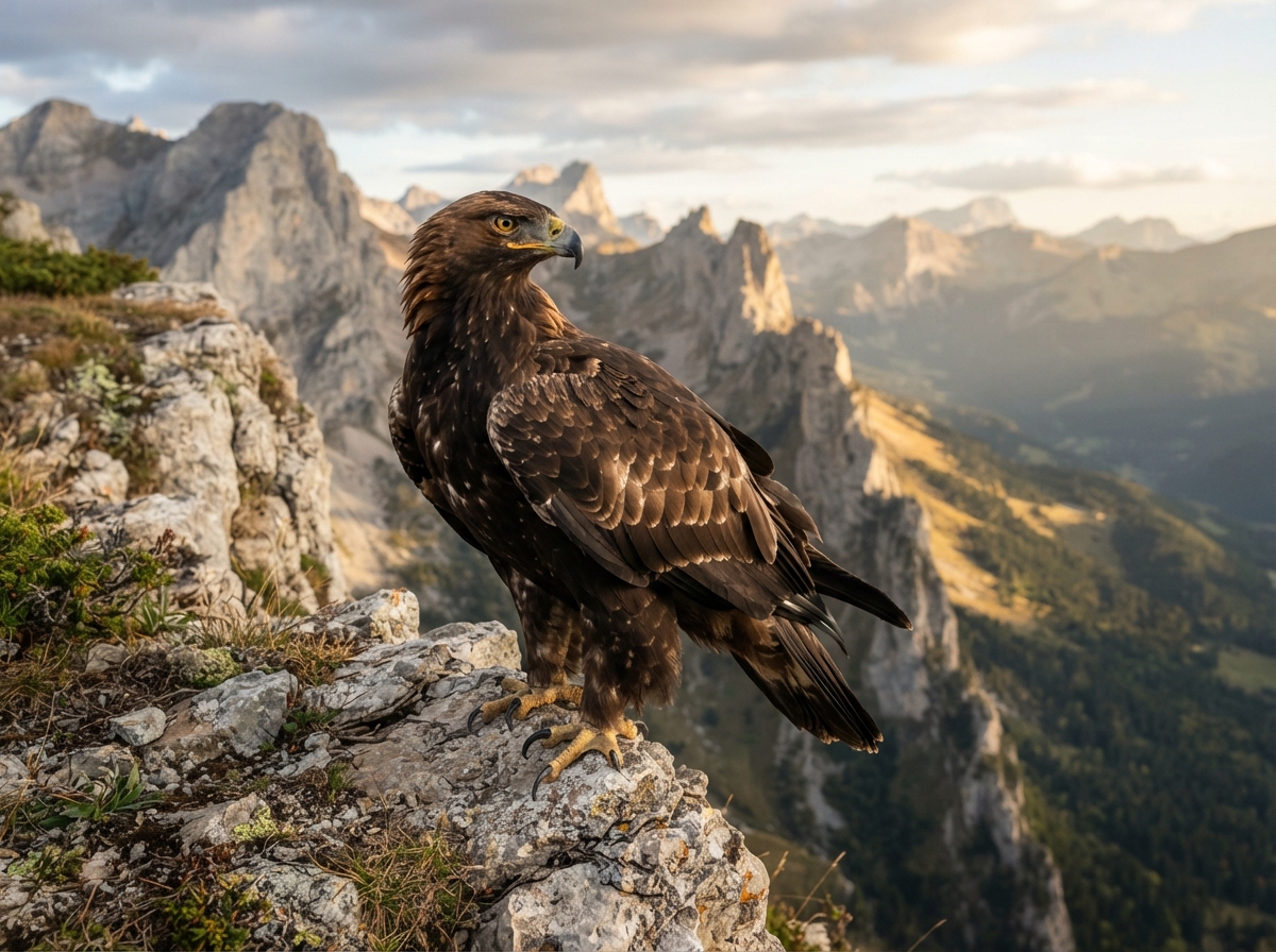 Aigle royal posé sur une falaise rocheuse du Vercors, regard perçant et ailes repliées.