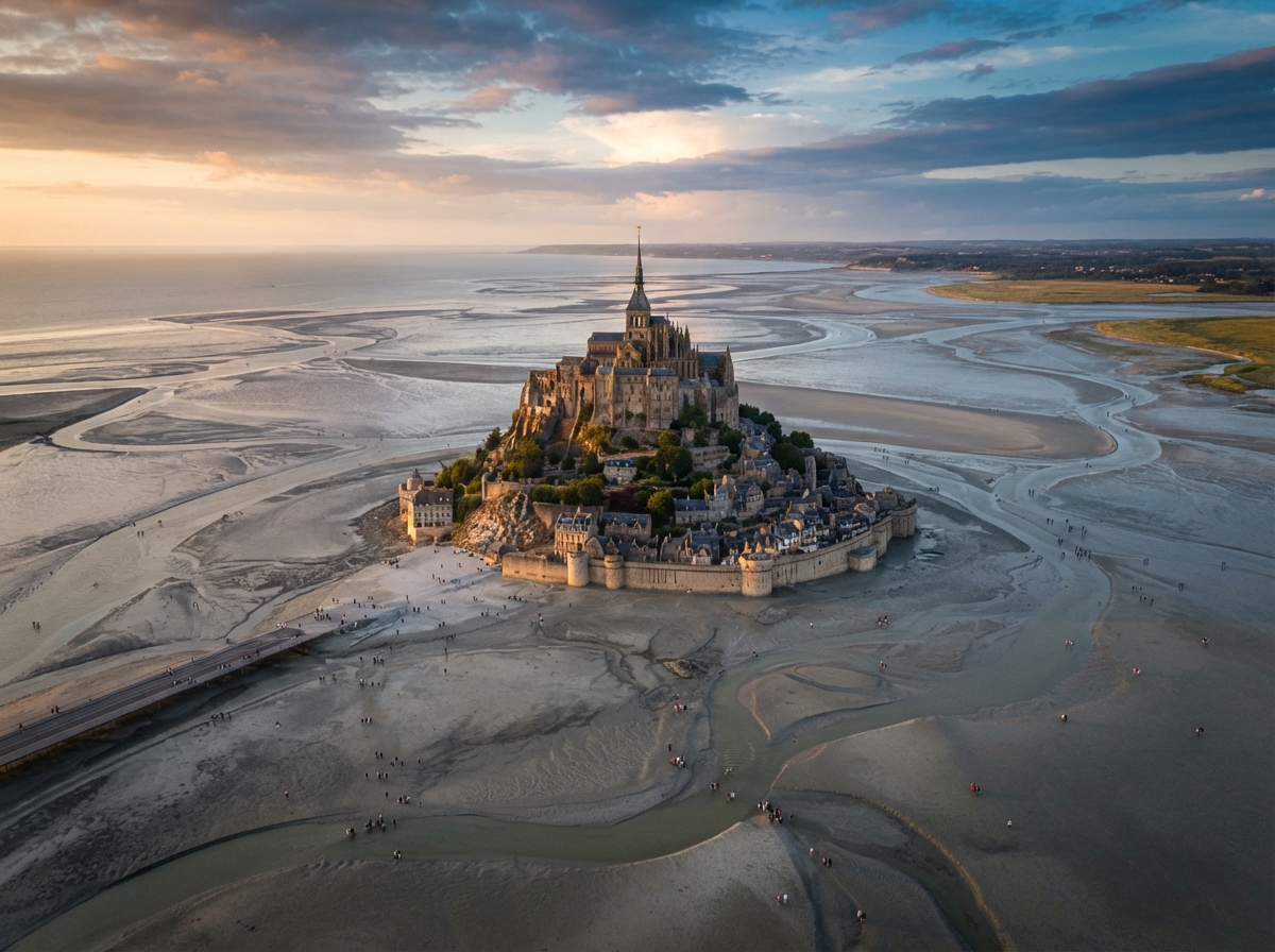 Vue aérienne du Mont-Saint-Michel entouré de vastes étendues de sable à marée basse