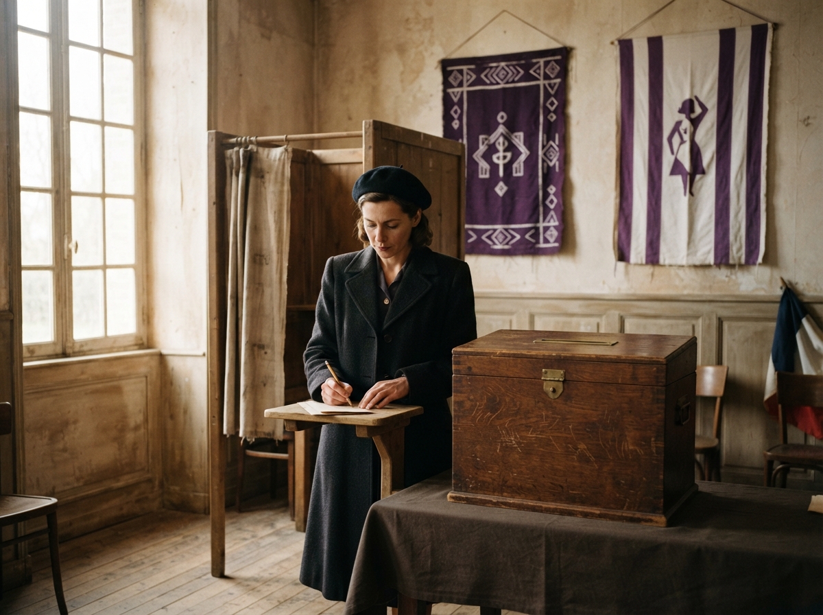 Photo d'un bureau de vote historique avec urne et isoloir dans une ambiance années 1940.