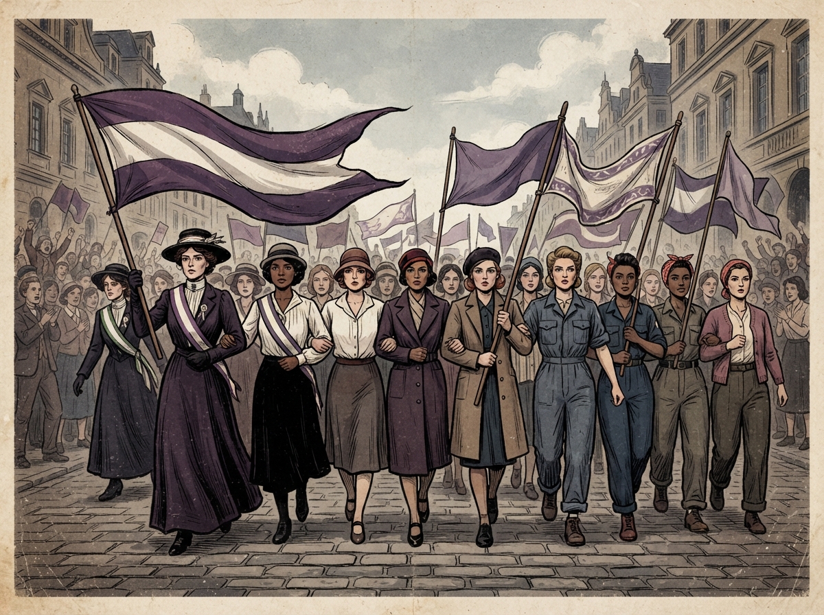 Illustration de femmes de différentes époques marchant ensemble pour le droit de vote.
