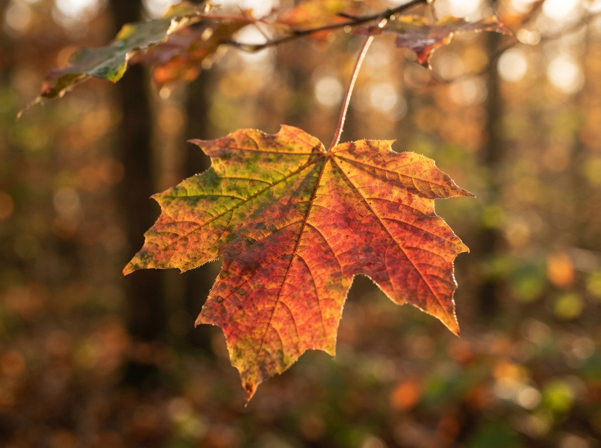 Gros plan d'une feuille d'automne en transition de couleur, éclairée par le soleil.