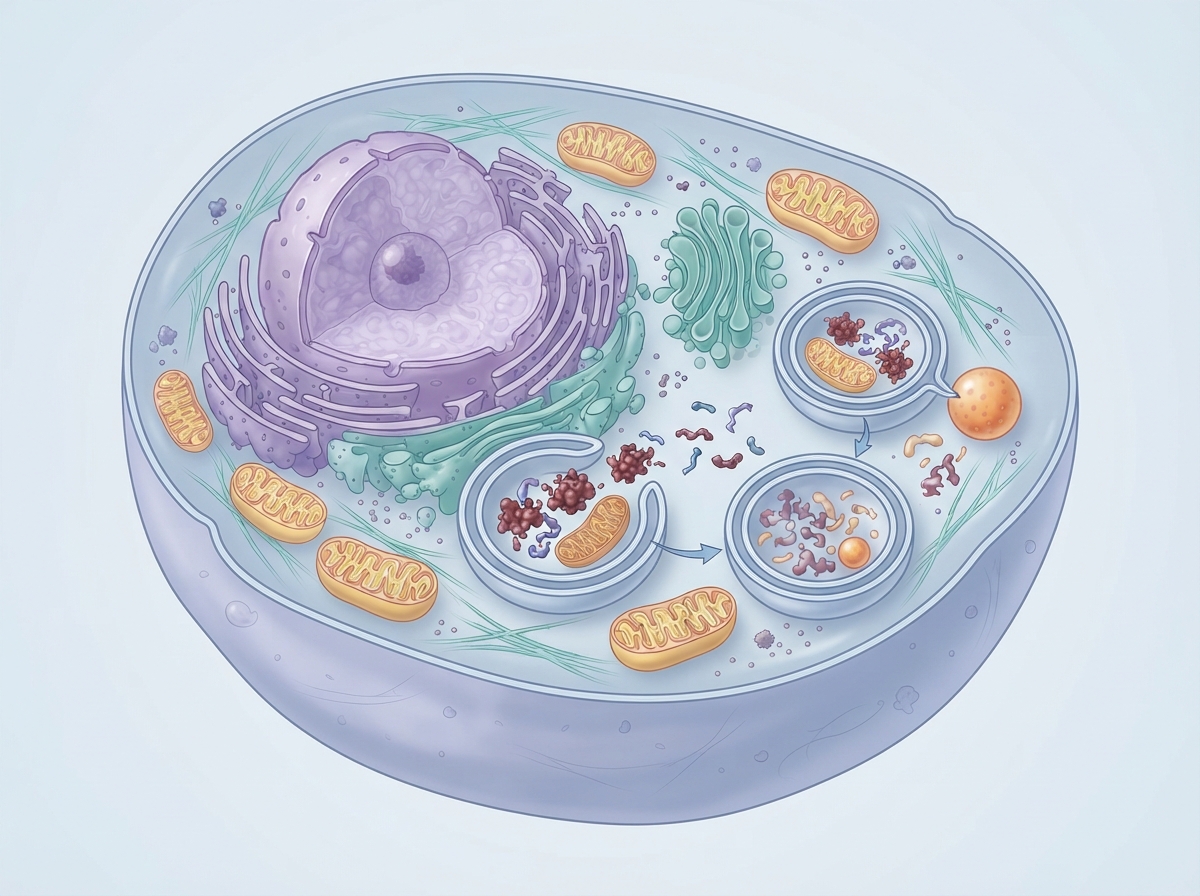 Illustration microscopique du processus d'autophagie cellulaire avec vésicules et organelles