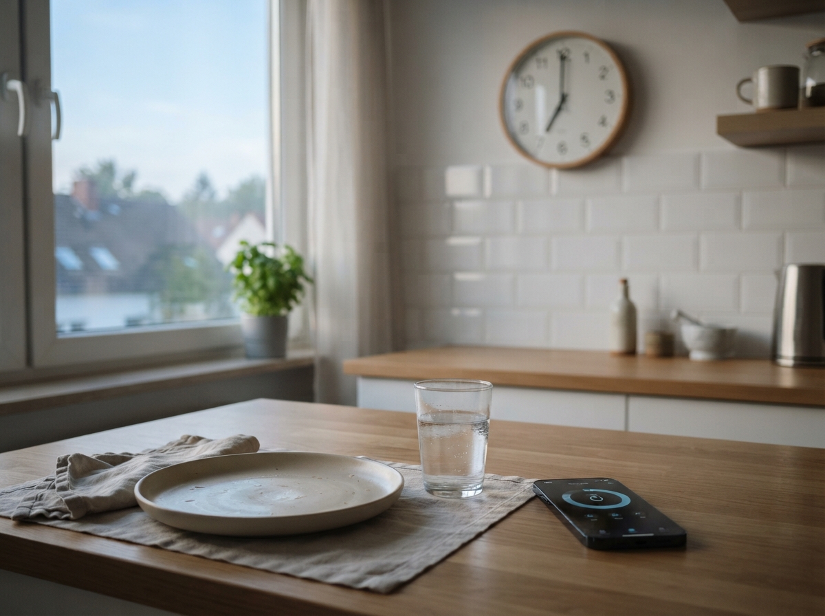 Cuisine matinale avec assiette vide et horloge, symbolisant la pratique du jeûne intermittent
