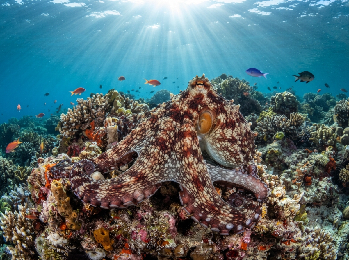 Pieuvre commune changeant de couleur sur un récif corallien, montrant les chromatophores actifs sur sa peau.