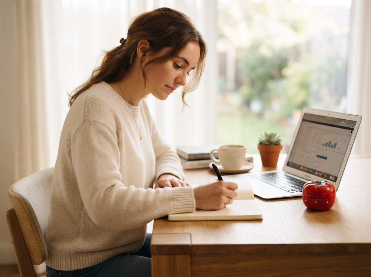 Femme concentrée travaillant à son bureau avec un minuteur tomate rouge à côté de son ordinateur portable.