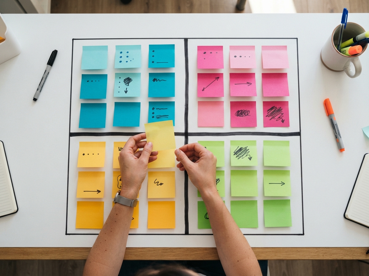 Mains organisant des post-it colorés sur une matrice 2×2 dessinée sur un bureau, vue de dessus.
