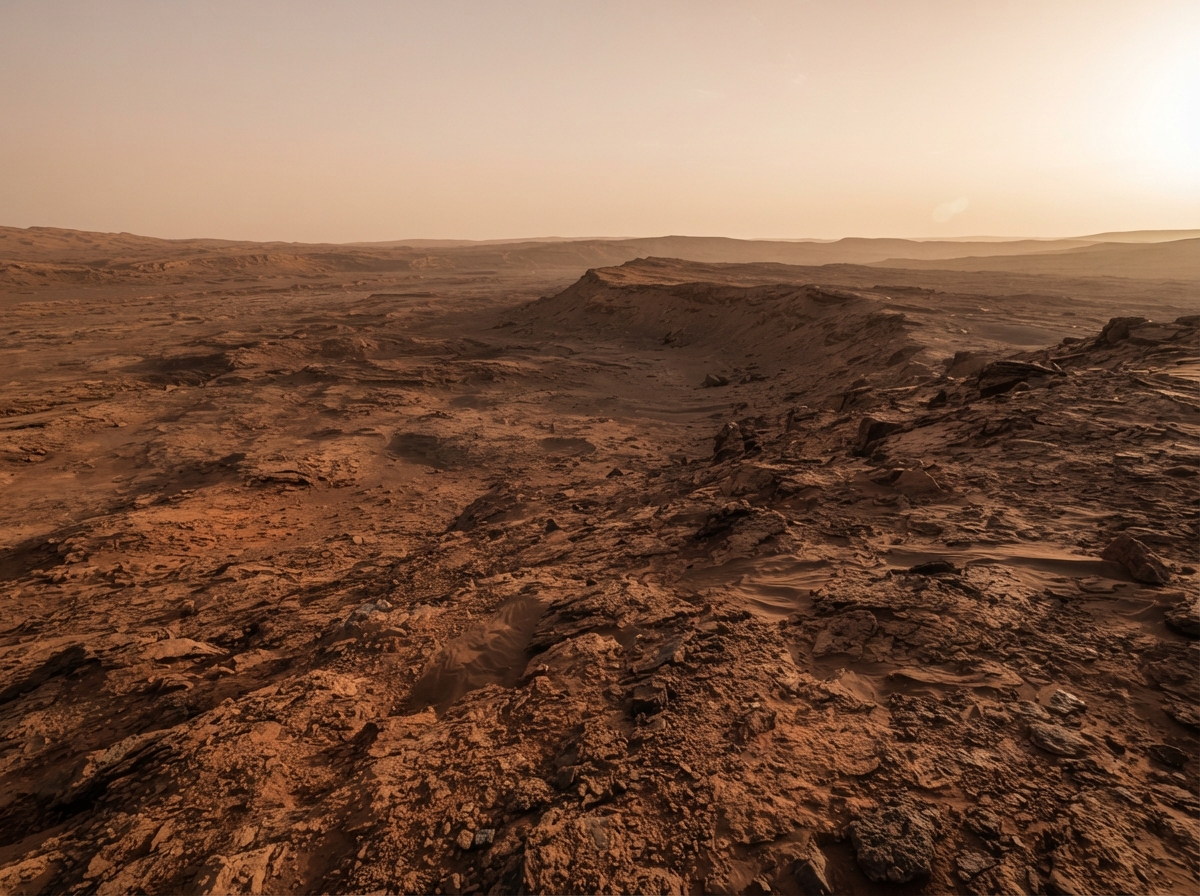 Vue réaliste de la surface de Mars avec son sol rouge rocheux et son ciel orangé caractéristique