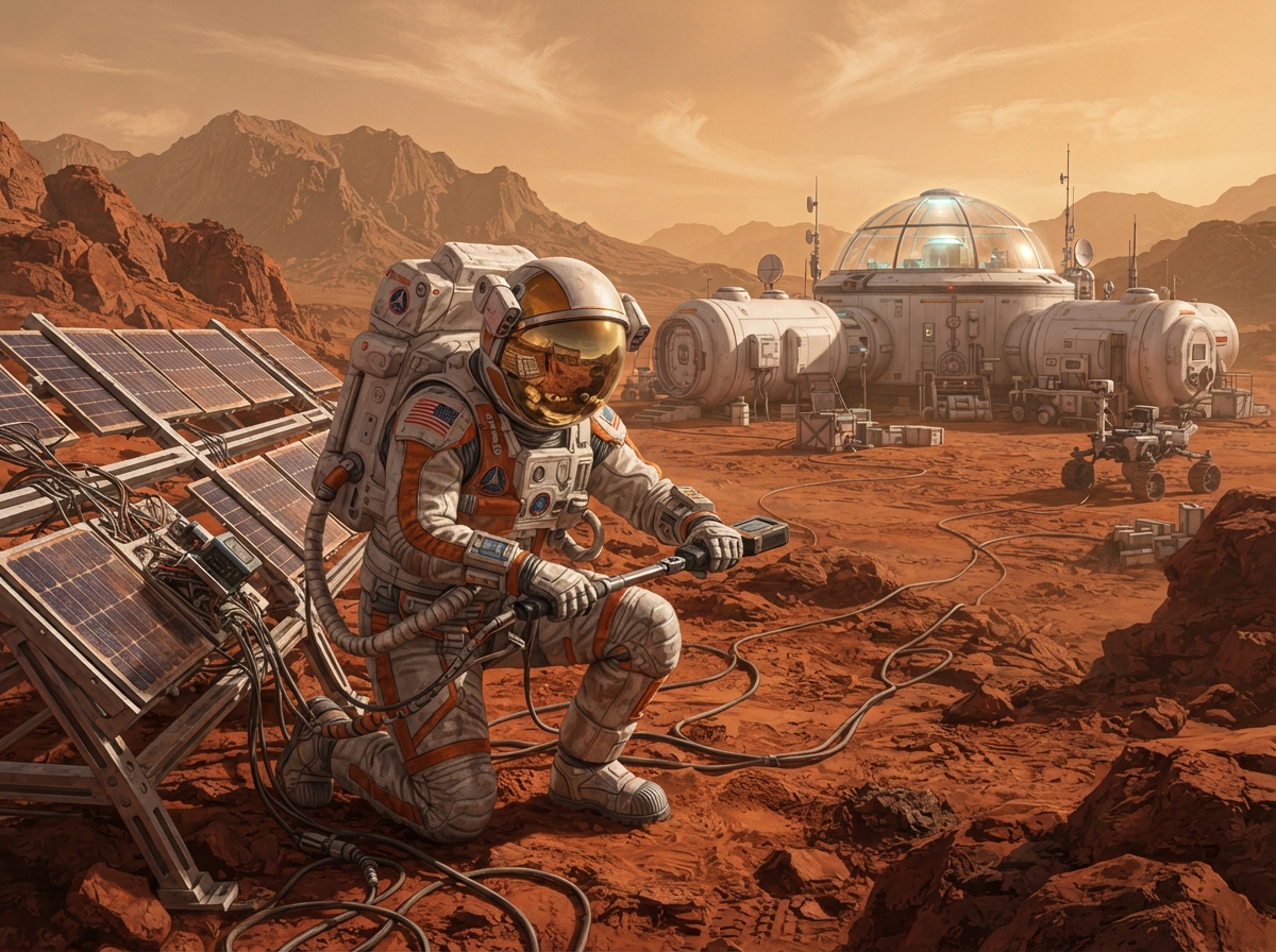 Astronaute en combinaison travaillant à l'extérieur d'un habitat martien, illustrant les activités de maintenance nécessaires