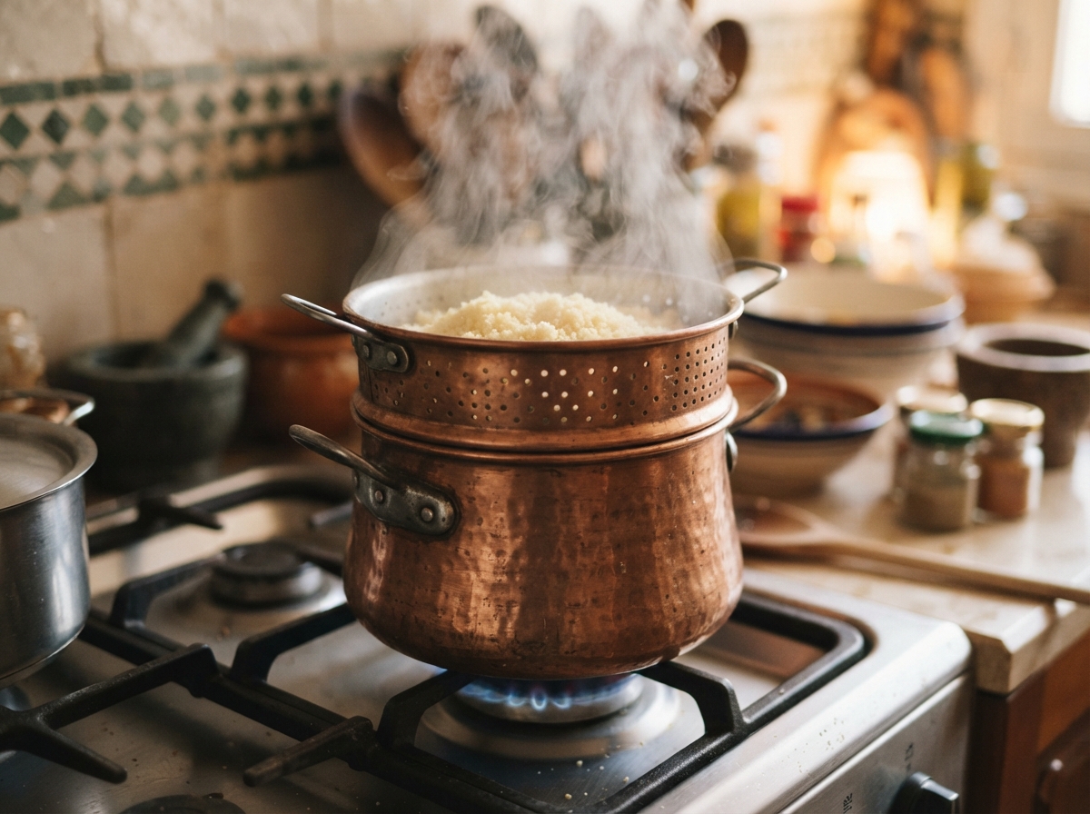 Photo d'un couscoussier traditionnel en cuivre avec de la vapeur s'échappant du panier supérieur