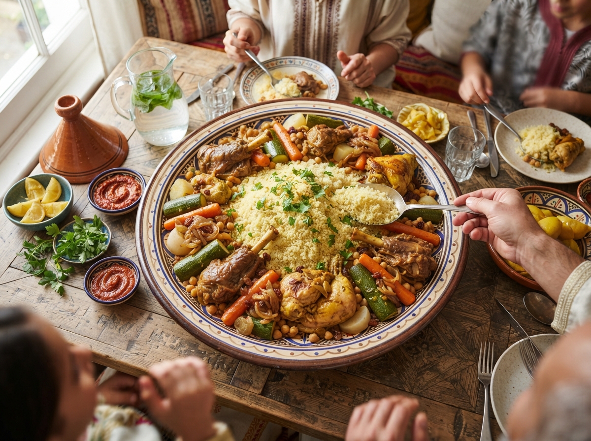 Photo d'un plat de couscous royal avec semoule dorée, légumes colorés et viandes variées disposés harmonieusement