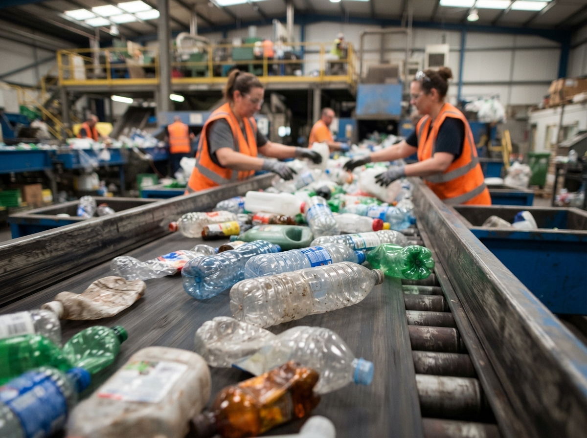 Convoyeur de centre de tri avec bouteilles plastiques colorées en cours de séparation