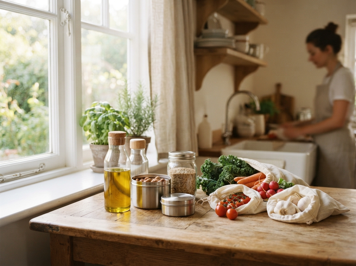 Bouteilles en verre et contenants métalliques réutilisables sur un comptoir de cuisine