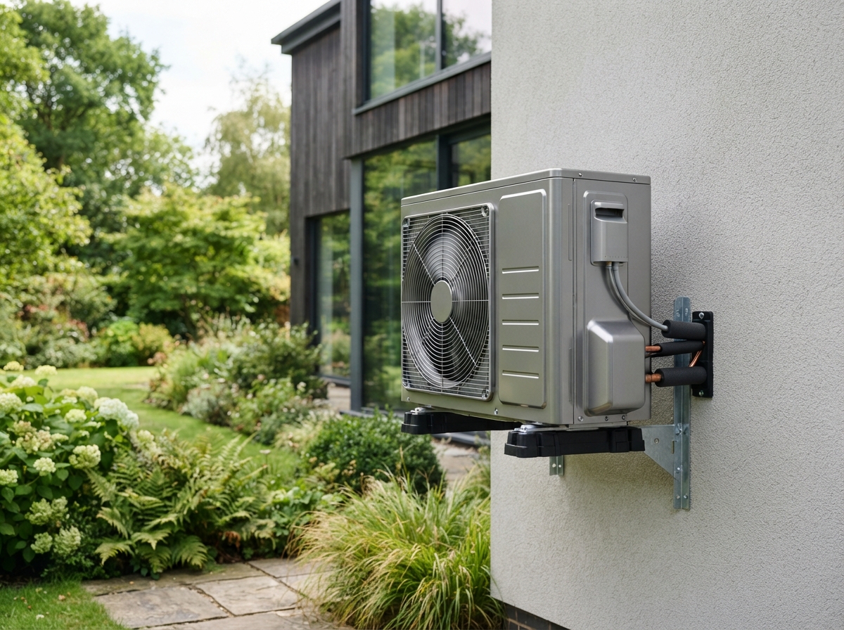 Photo d'une pompe à chaleur extérieure grise installée sur un mur de maison avec jardin en arrière-plan.