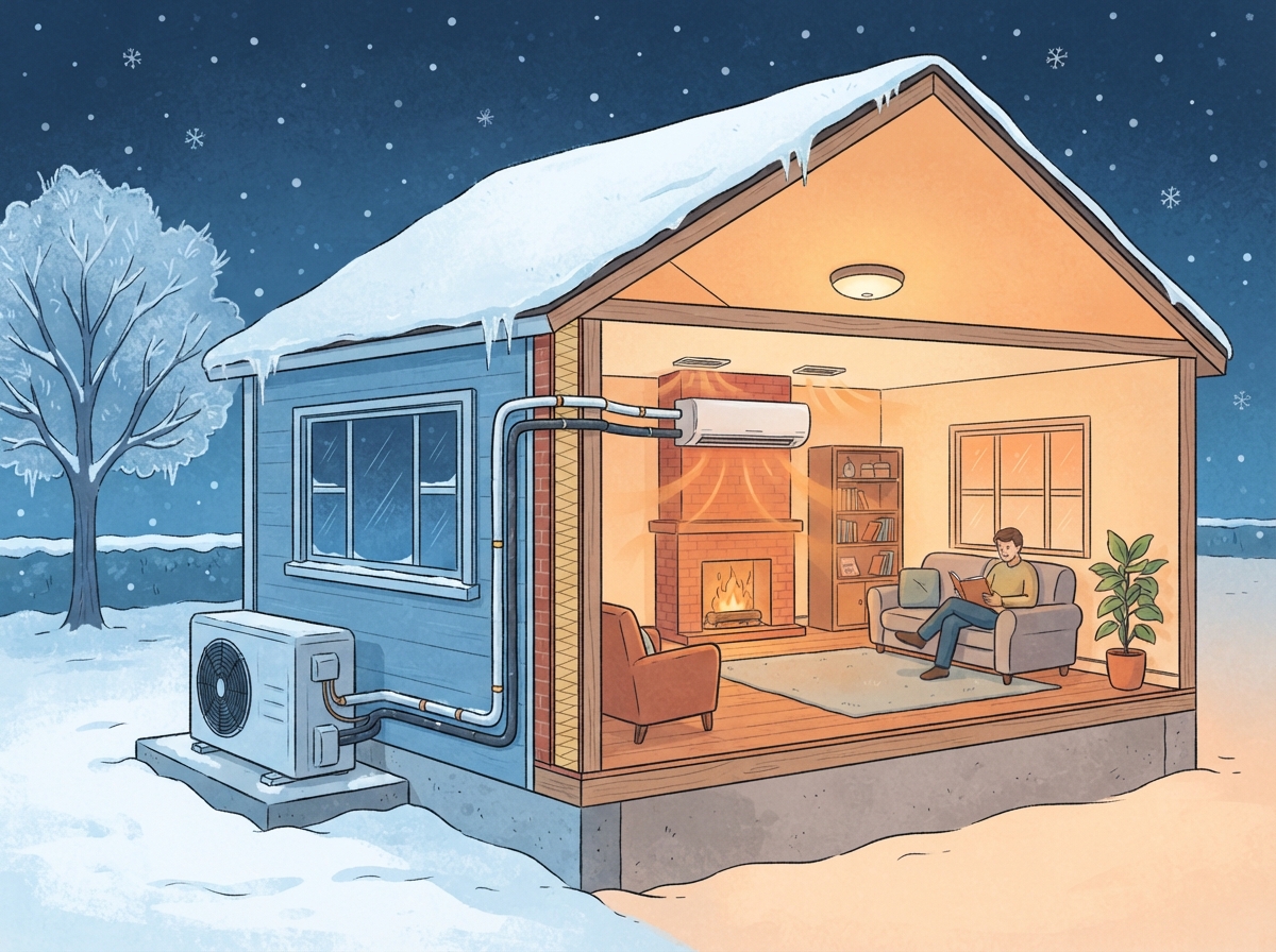 Illustration en coupe d'une maison montrant le fonctionnement d'une pompe à chaleur entre l'extérieur froid et l'intérieur chauffé.