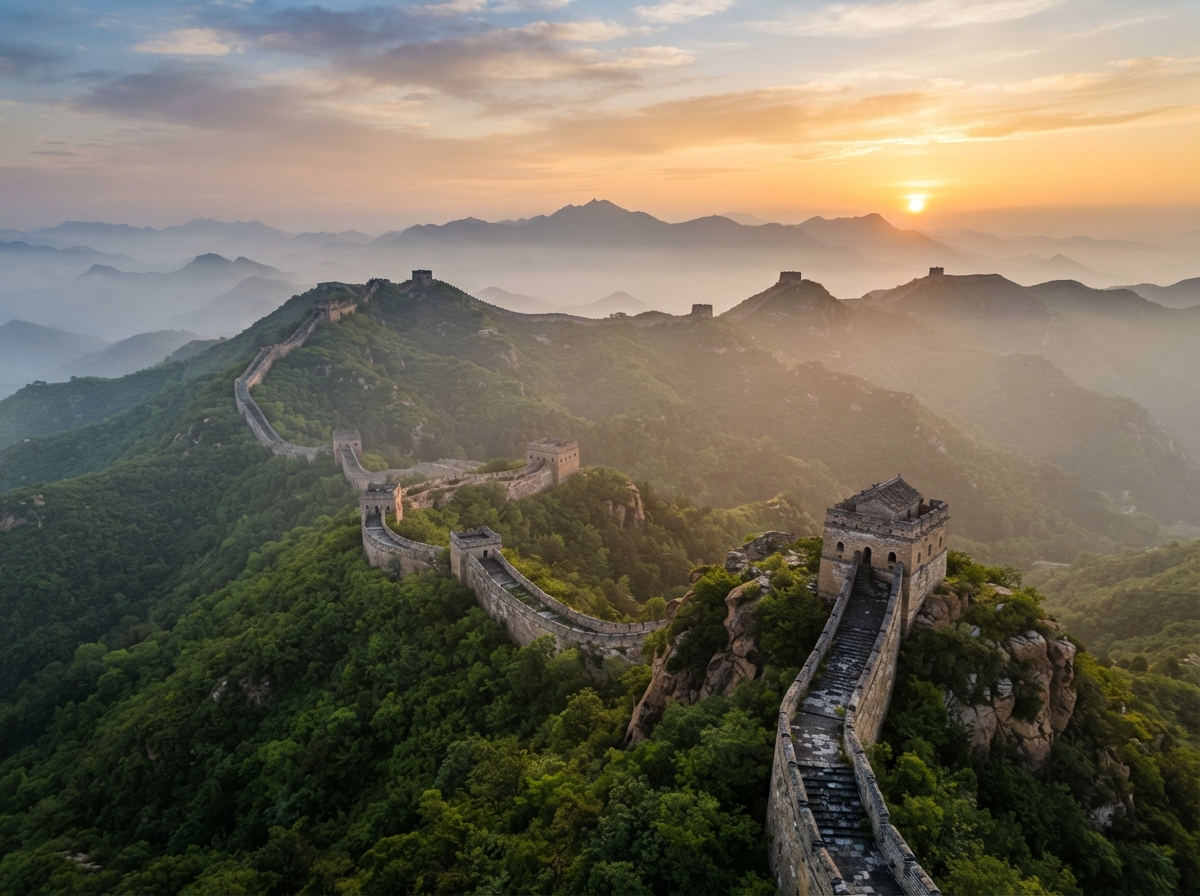 Vue aérienne de la Grande Muraille traversant des montagnes brumeuses au lever du soleil
