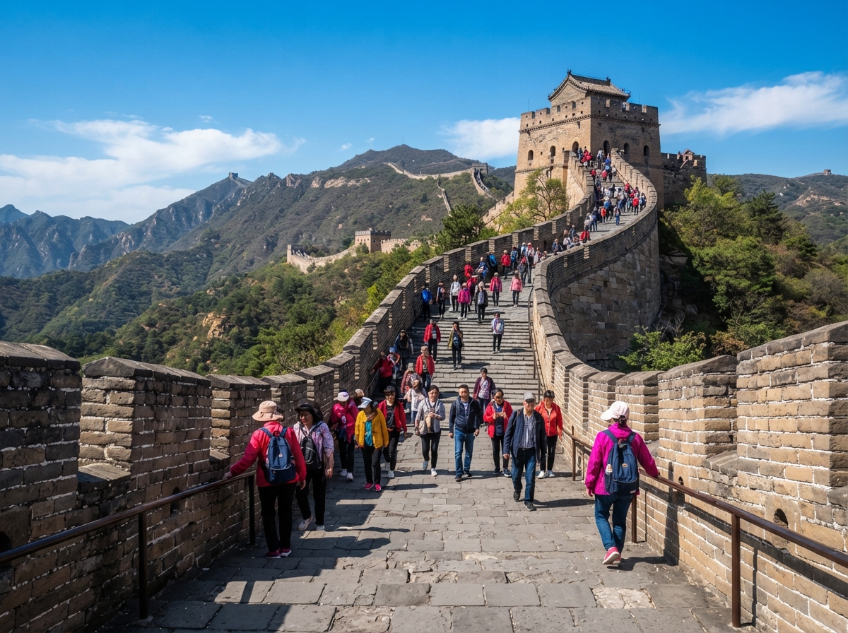 Touristes marchant sur une section restaurée de la Grande Muraille avec une tour de guet en arrière-plan