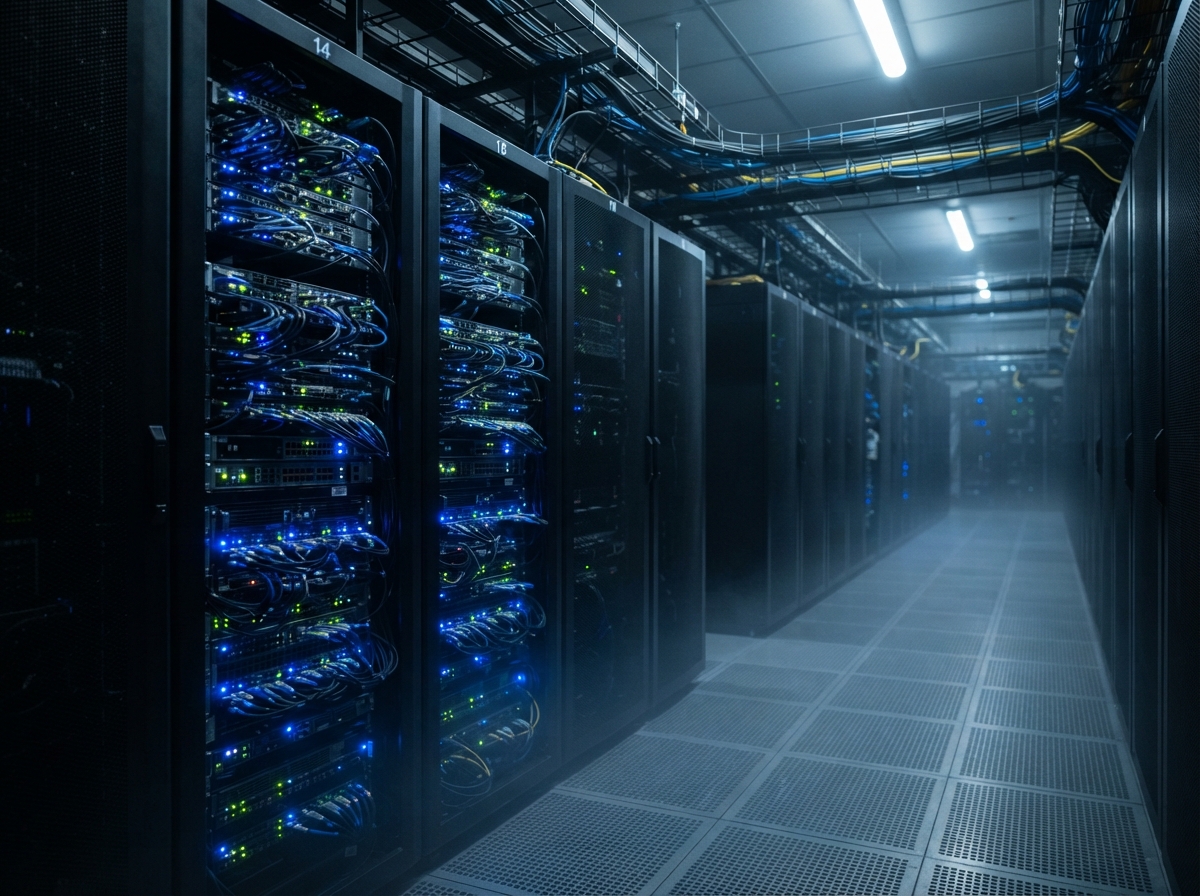 Salle de serveurs moderne avec rangées d'équipements informatiques et lumières LED bleues