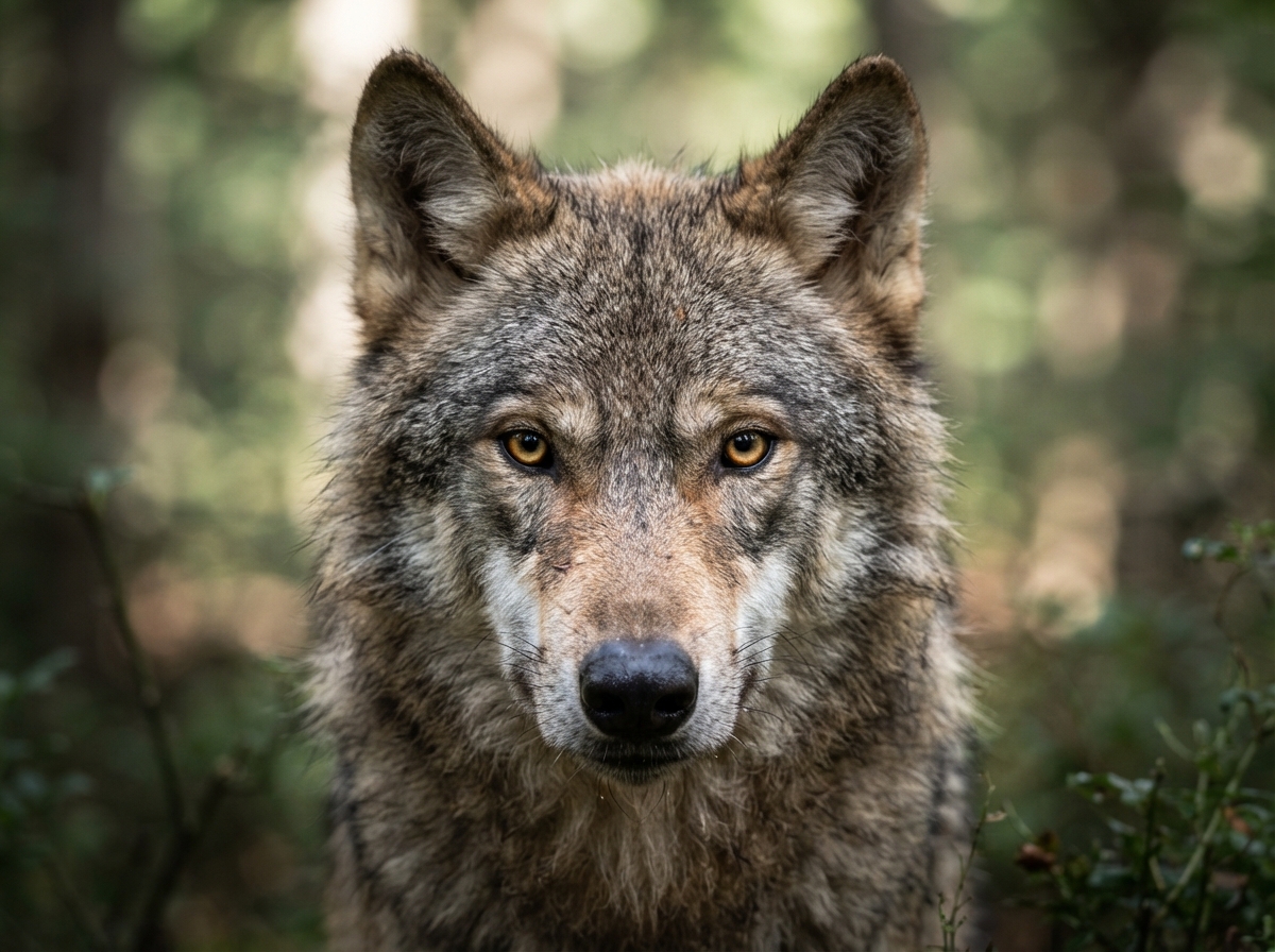 Portrait rapproché d'un loup gris aux yeux ambrés dans son habitat forestier naturel