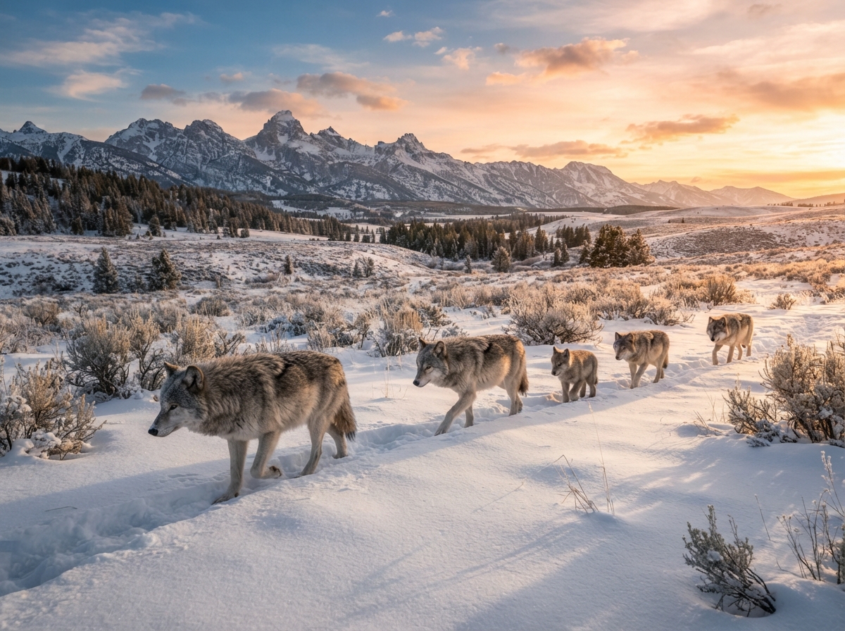 Meute de loups marchant en formation dans le paysage enneigé de Yellowstone au coucher du soleil