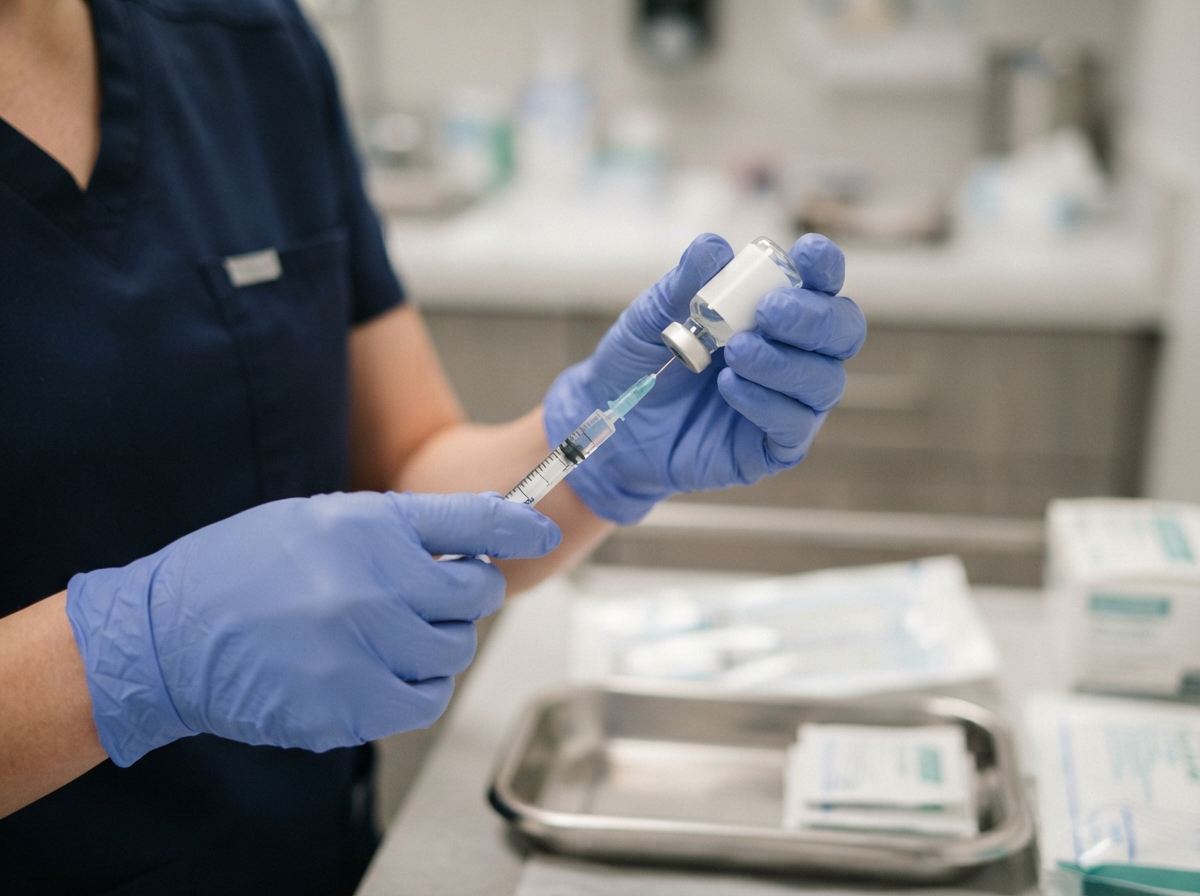 Mains gantées d'un professionnel de santé préparant une seringue de vaccin à partir d'un flacon.