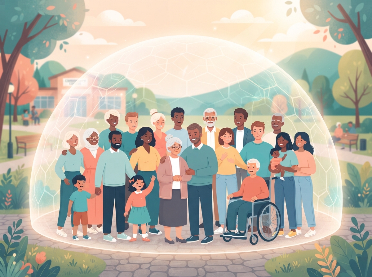 Illustration d'un groupe diversifié de personnes protégées par un dôme lumineux symbolisant l'immunité collective.