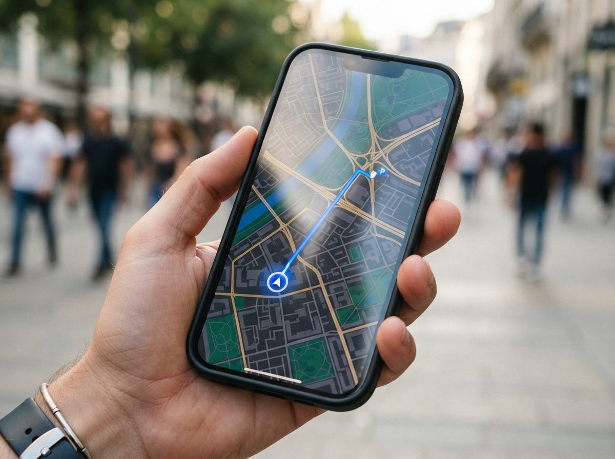 Écran de smartphone montrant une carte GPS avec le point de localisation bleu de l'utilisateur.