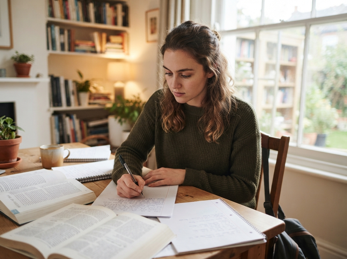 Étudiant écrivant une dissertation à son bureau, entouré de livres et de notes, dans une atmosphère de concentration.