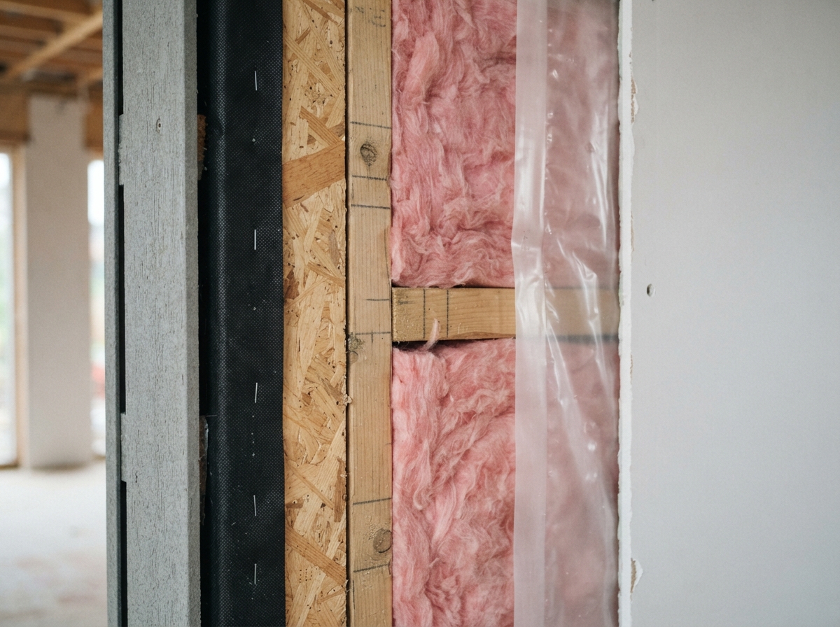 Coupe transversale d'un mur montrant les couches successives d'isolation thermique avec leurs textures distinctes