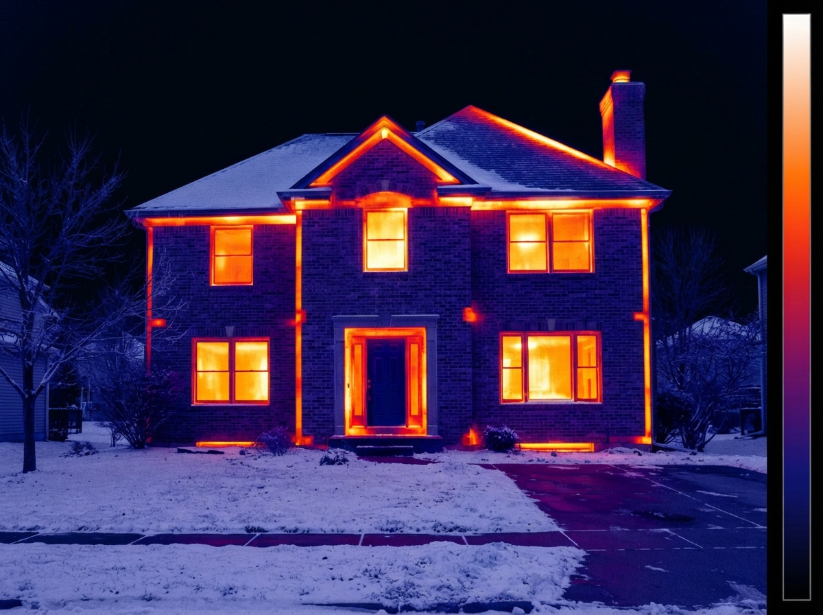 Image thermographique d'une maison montrant les pertes de chaleur en couleurs chaudes aux fenêtres et jonctions de murs
