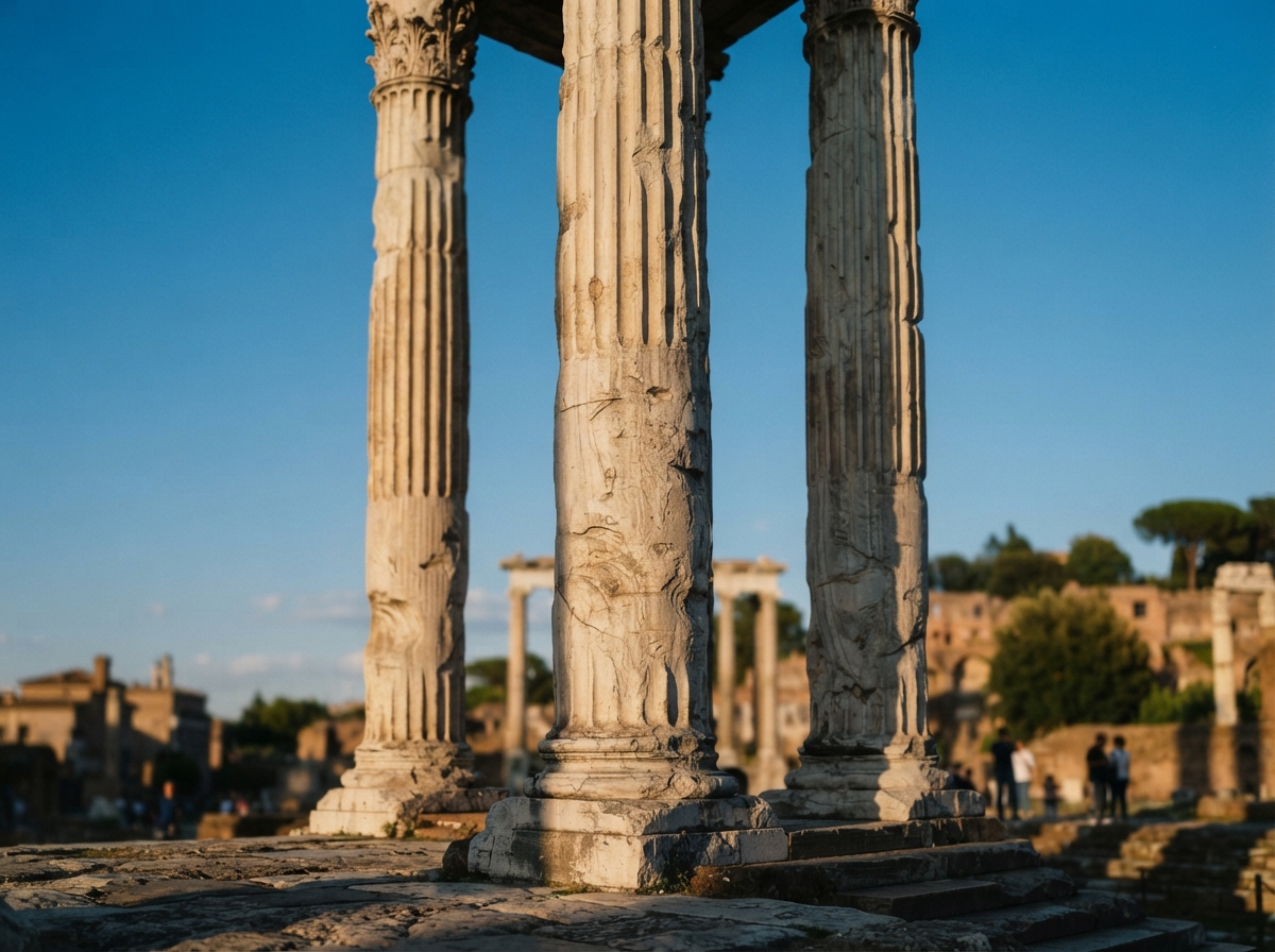 Colonnes romaines en marbre éclairées par le soleil, évoquant la pérennité de la philosophie stoïcienne