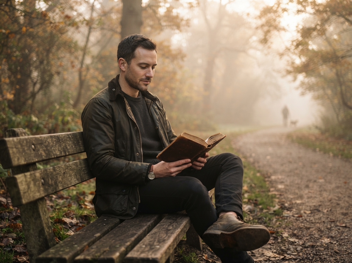 Personne lisant calmement un livre sur un banc dans un parc au lever du soleil, illustrant la pratique stoïcienne contemporaine