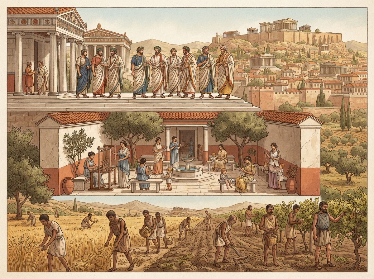 Illustration montrant la hiérarchie sociale à Athènes avec citoyens, femmes et esclaves