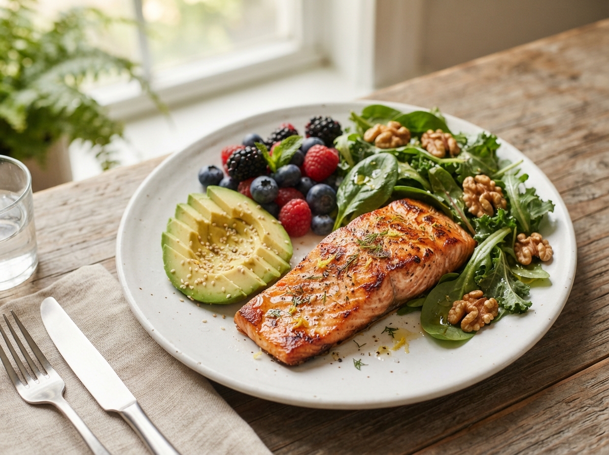 Assiette de saumon grillé accompagné d'avocat, baies fraîches, légumes verts et noix