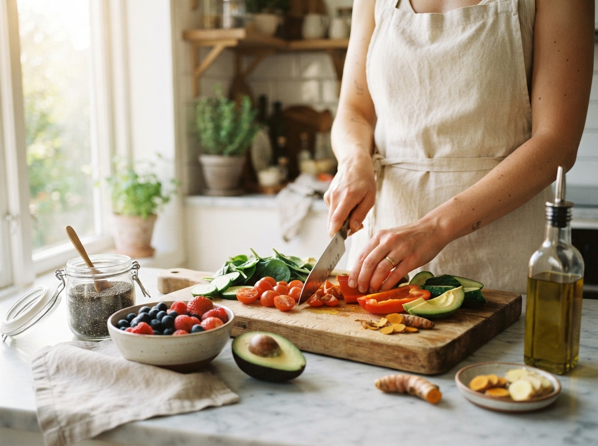 Mains préparant un petit-déjeuner sain avec légumes frais, graines de chia, baies et avocat sur un plan de travail