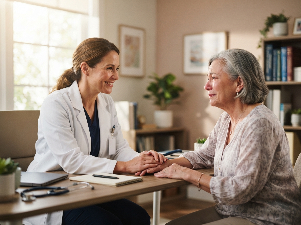 Médecin en consultation avec un patient dans un cabinet médical lumineux, illustrant la relation thérapeutique.