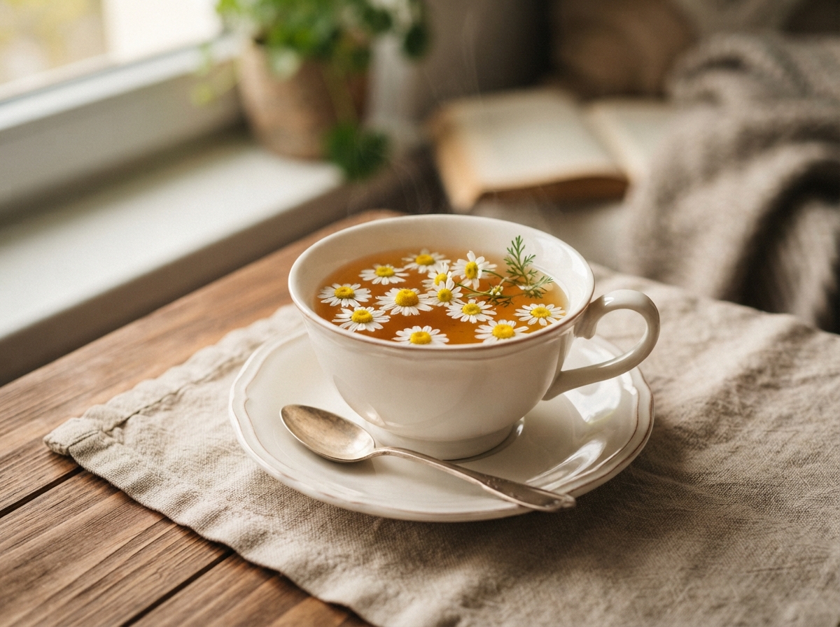 Tasse de tisane de camomille dorée avec fleurs fraîches flottant à la surface.
