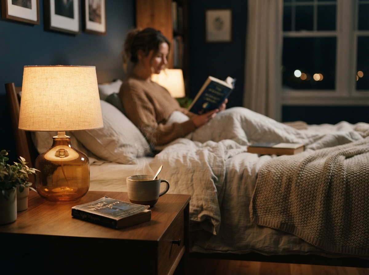 Scène de chambre paisible avec tasse de camomille fumante sur table de chevet, lumière douce.