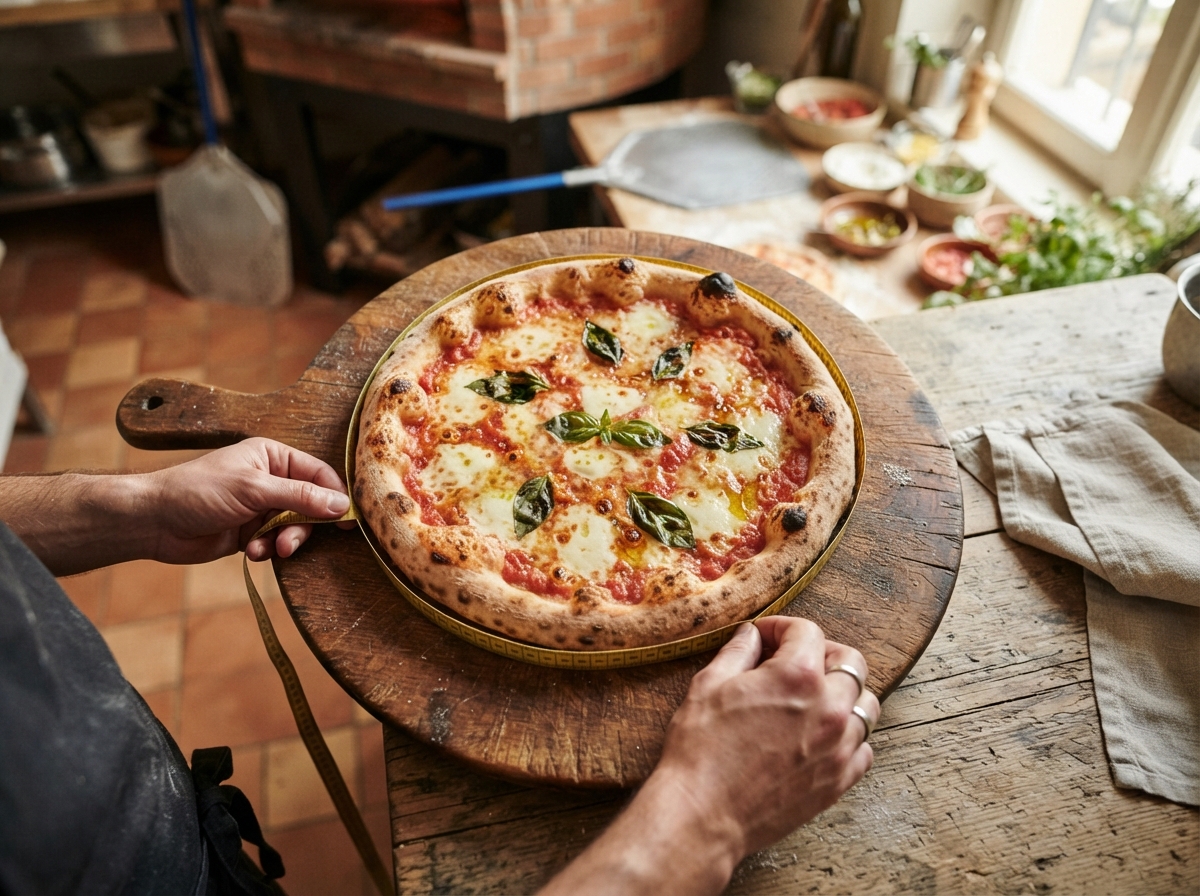 Vue de dessus d'une pizza ronde mesurée avec un mètre ruban autour de sa circonférence