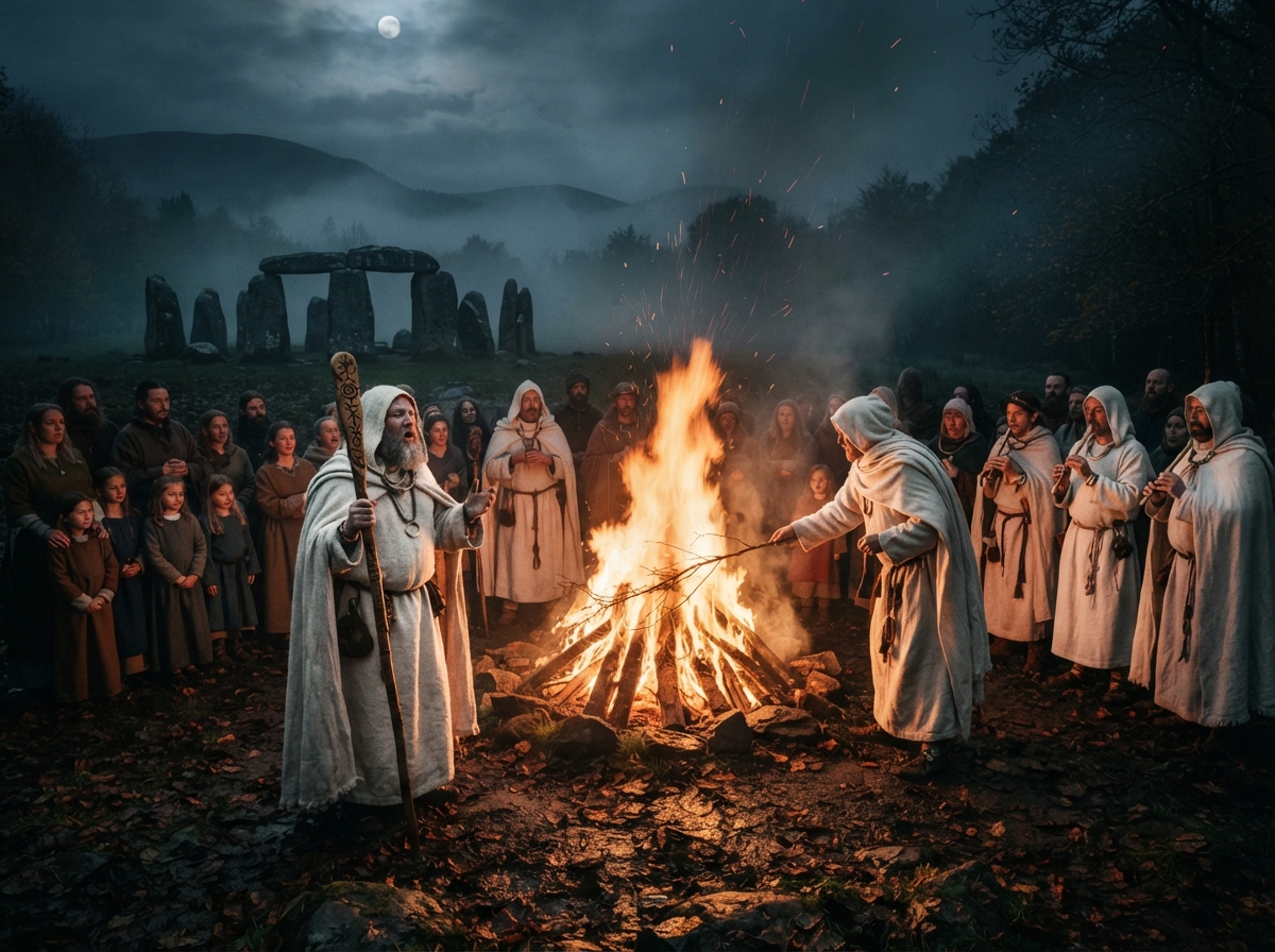 Reconstitution historique d'une célébration du Samain celtique avec druides, feu sacré et paysage automnal.
