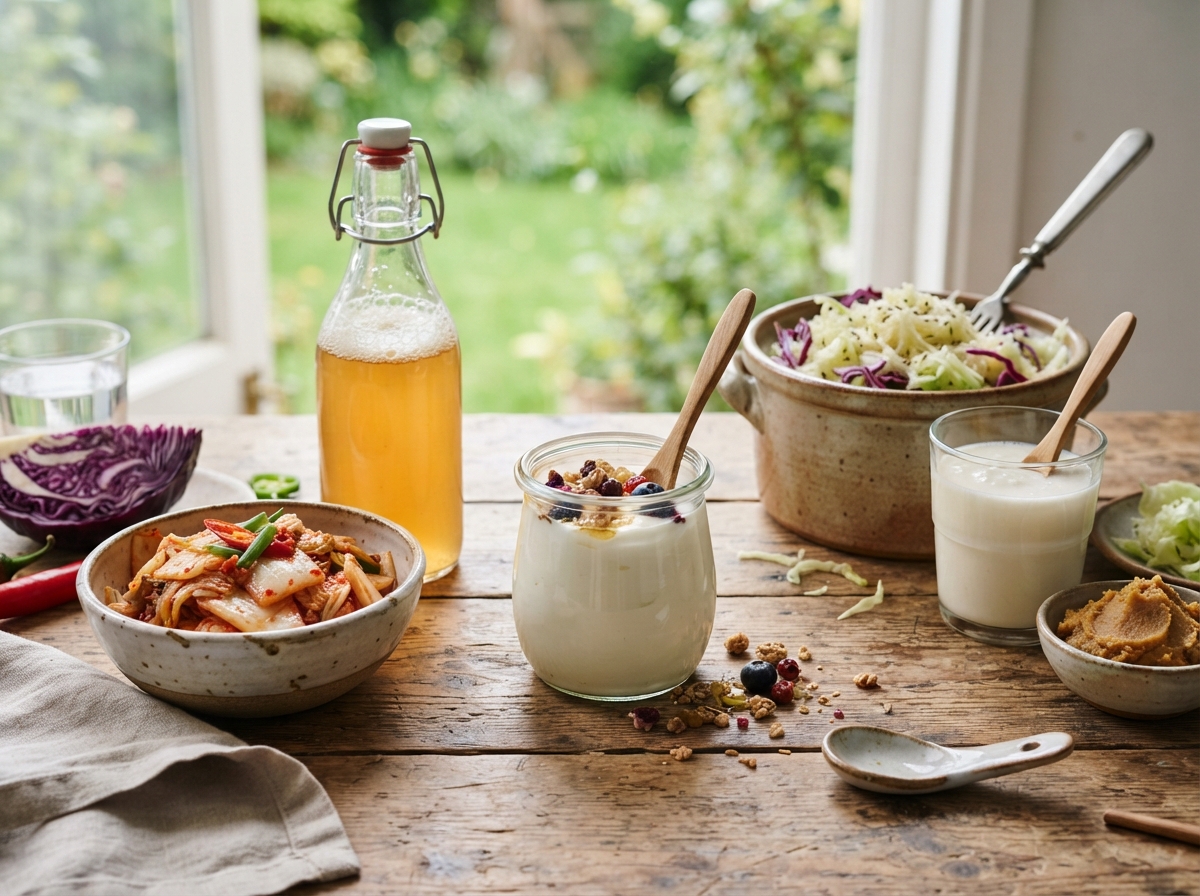 Assortiment d'aliments fermentés riches en probiotiques sur une table en bois