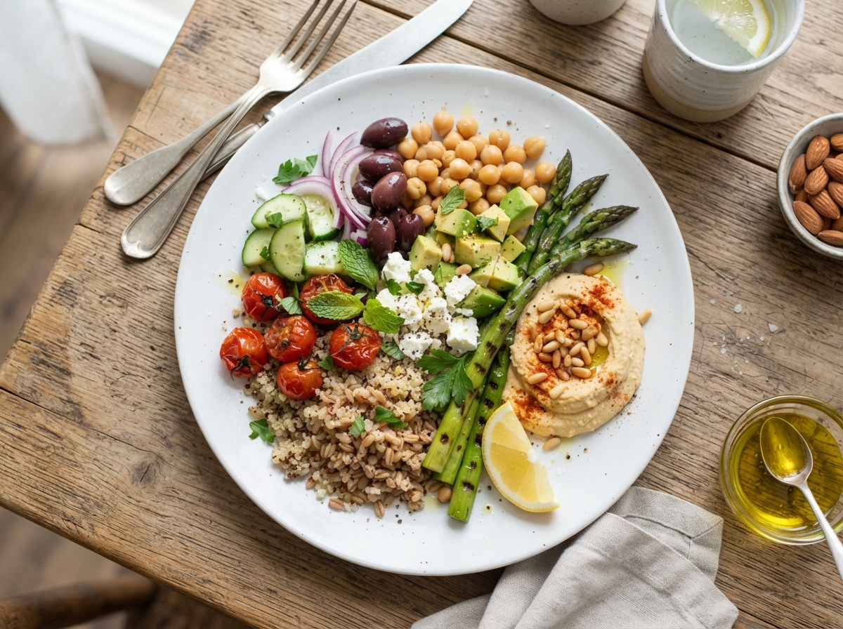 Assiette équilibrée avec légumes colorés, céréales complètes et légumineuses pour nourrir le microbiote