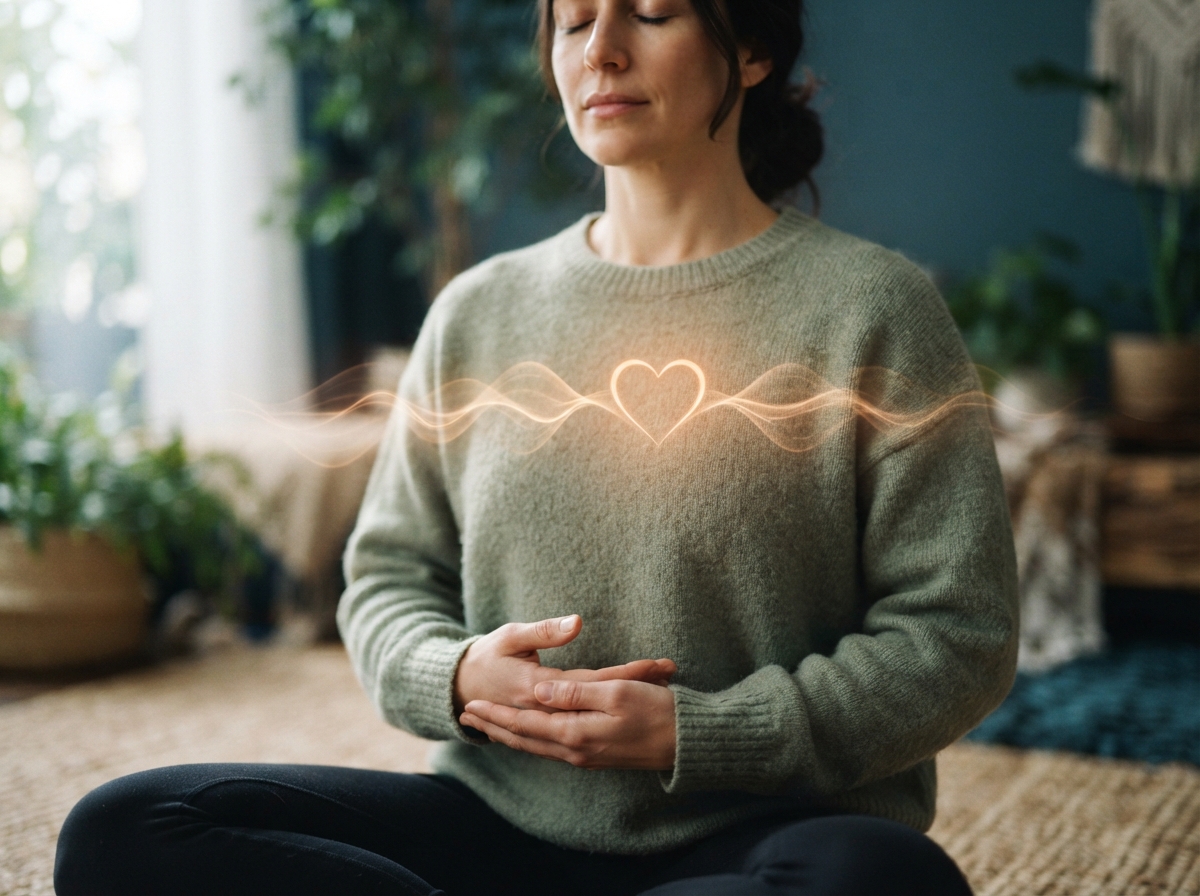 Photo d'une personne en méditation avec visualisation du rythme cardiaque cohérent émanant du cœur.