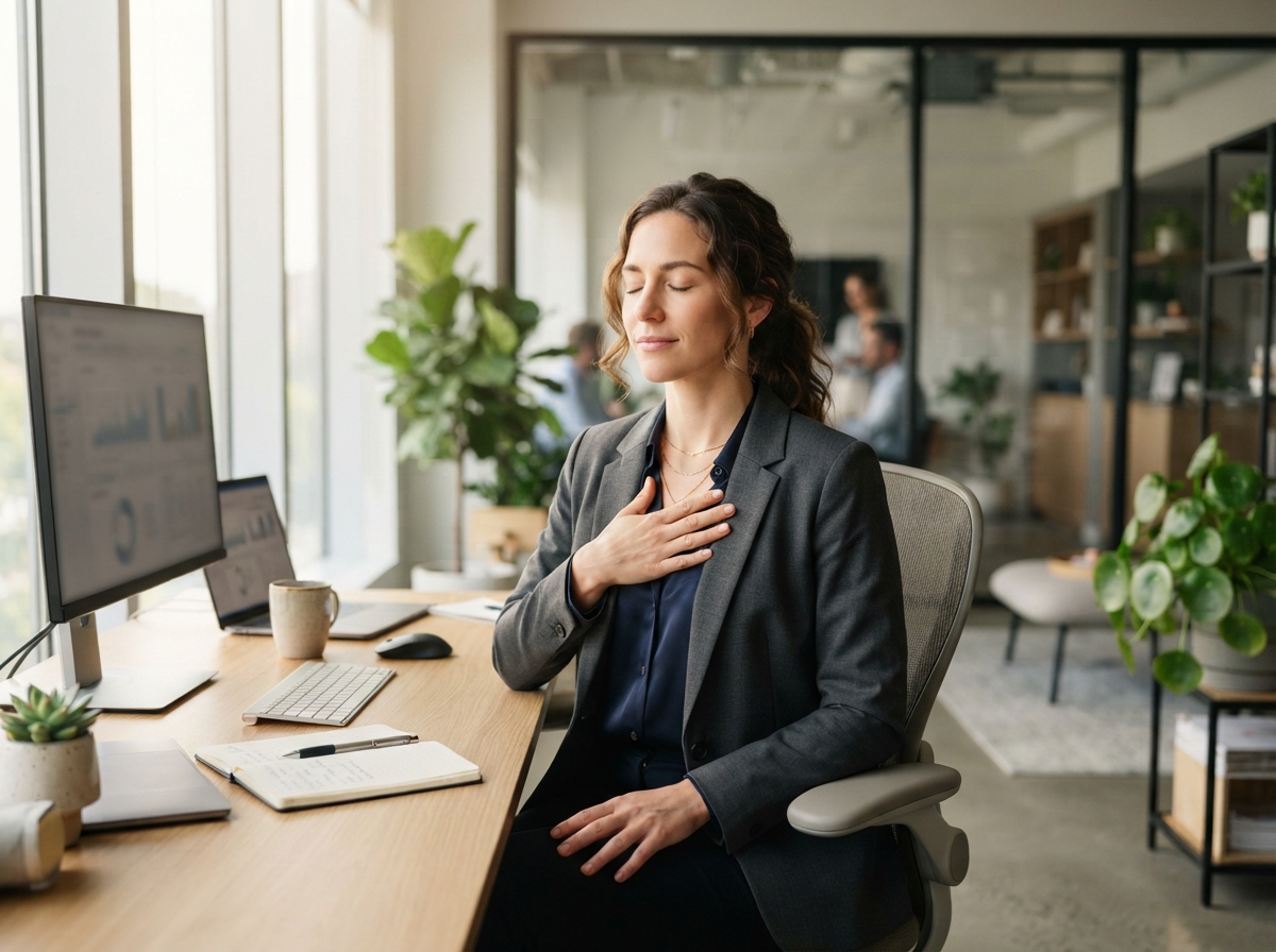 Femme manager pratiquant un exercice de respiration à son bureau, main sur le cœur, expression apaisée.