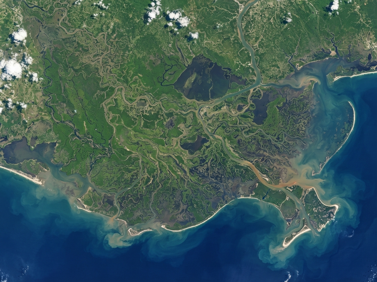 Vue aérienne d'un delta de rivière se jetant dans l'océan avec ses multiples bras d'eau.
