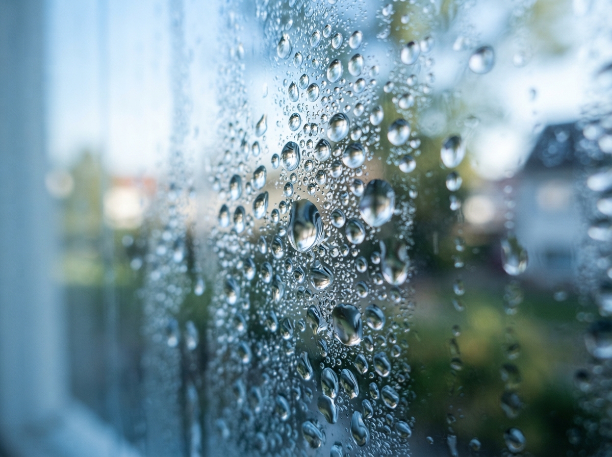 Gros plan de gouttelettes d'eau condensées sur une surface froide.