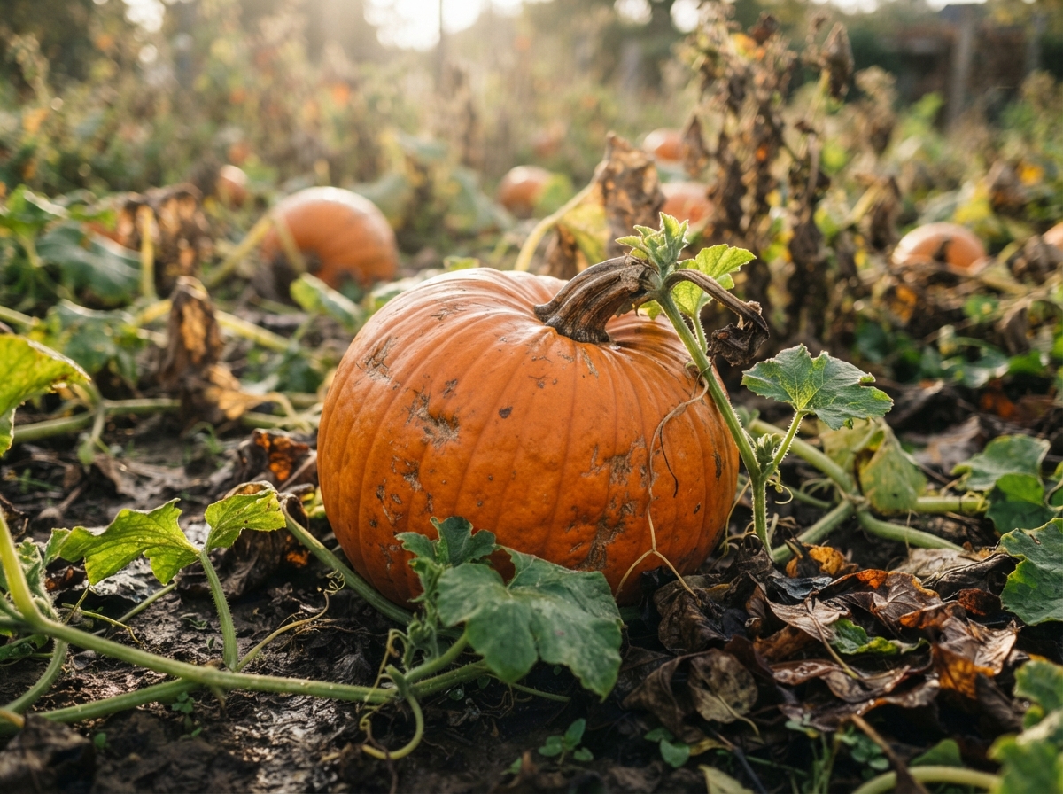 Photographie rapprochée d'un potiron orange entier dans un champ d'automne, avec des feuilles de vigne vertes et une lumière douce du matin.