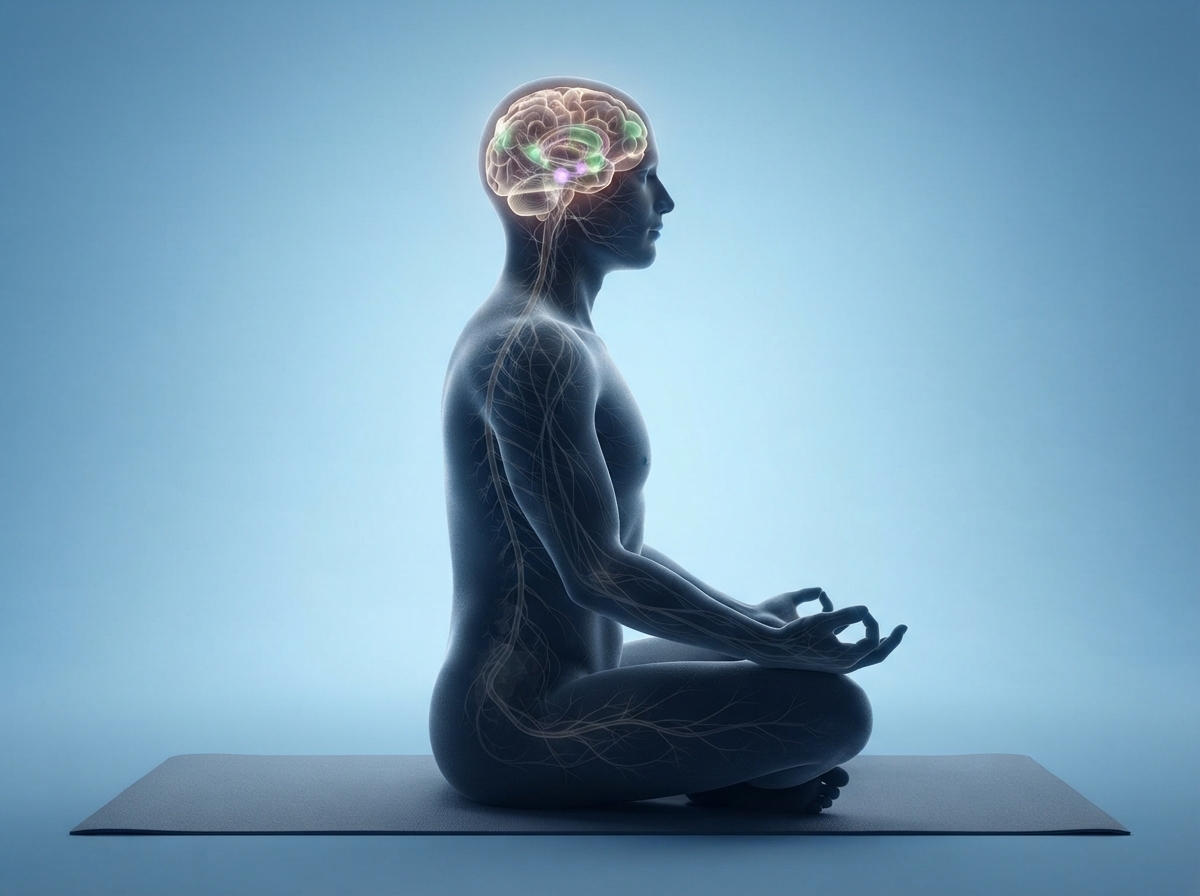 Illustration d'une personne en méditation avec superposition translucide d'un cerveau montrant les zones activées et modifiées par la pratique.