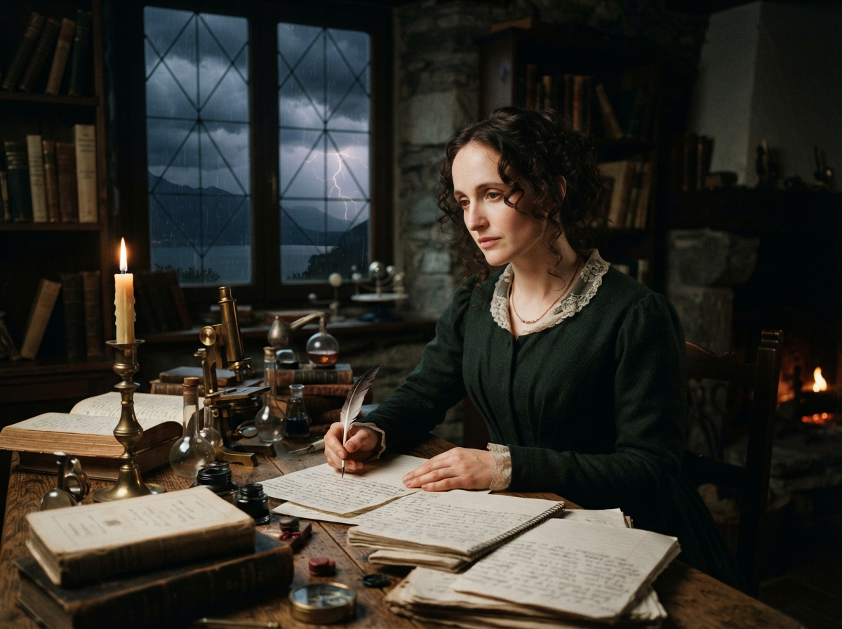 Jeune femme au bureau à la lumière des bougies, avec livres et instruments scientifiques, fenêtre orageux en arrière-plan
