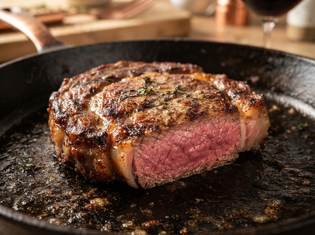 Gros plan d'un steak avec une croûte dorée montrant la réaction de Maillard